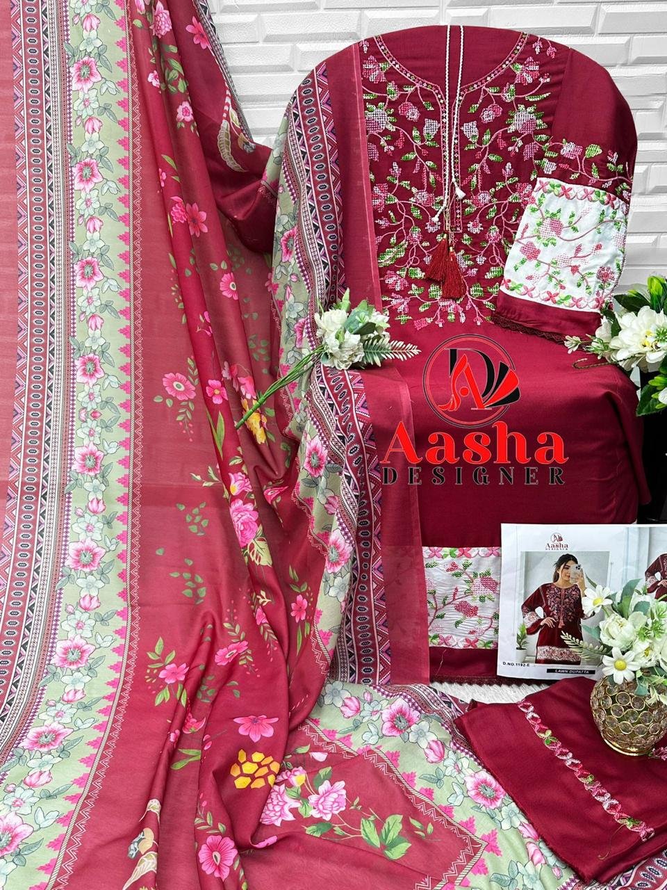 unstitched AASHA DESIGNER Design No -:1192 Colour Top pure reyon with heavy self Embrodery work with Redymade GPO lace - Image 8