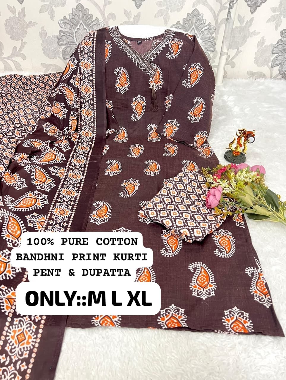 stitched Best V NECK Pattern Cotton 3pcs set Cotton kurti pant printed duppata set with work patti on neck - Image 3