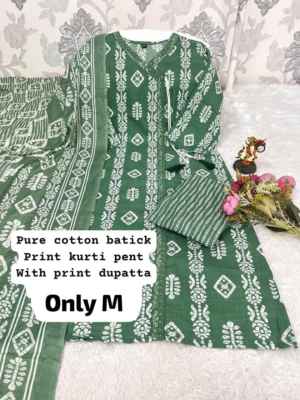 stitched Best V NECK Pattern Cotton 3pcs set Cotton kurti pant printed duppata set with work patti on neck - Image 4