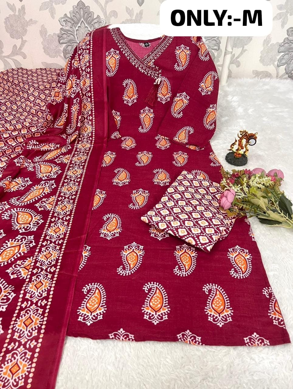 stitched Best V NECK Pattern Cotton 3pcs set Cotton kurti pant printed duppata set with work patti on neck - Image 6