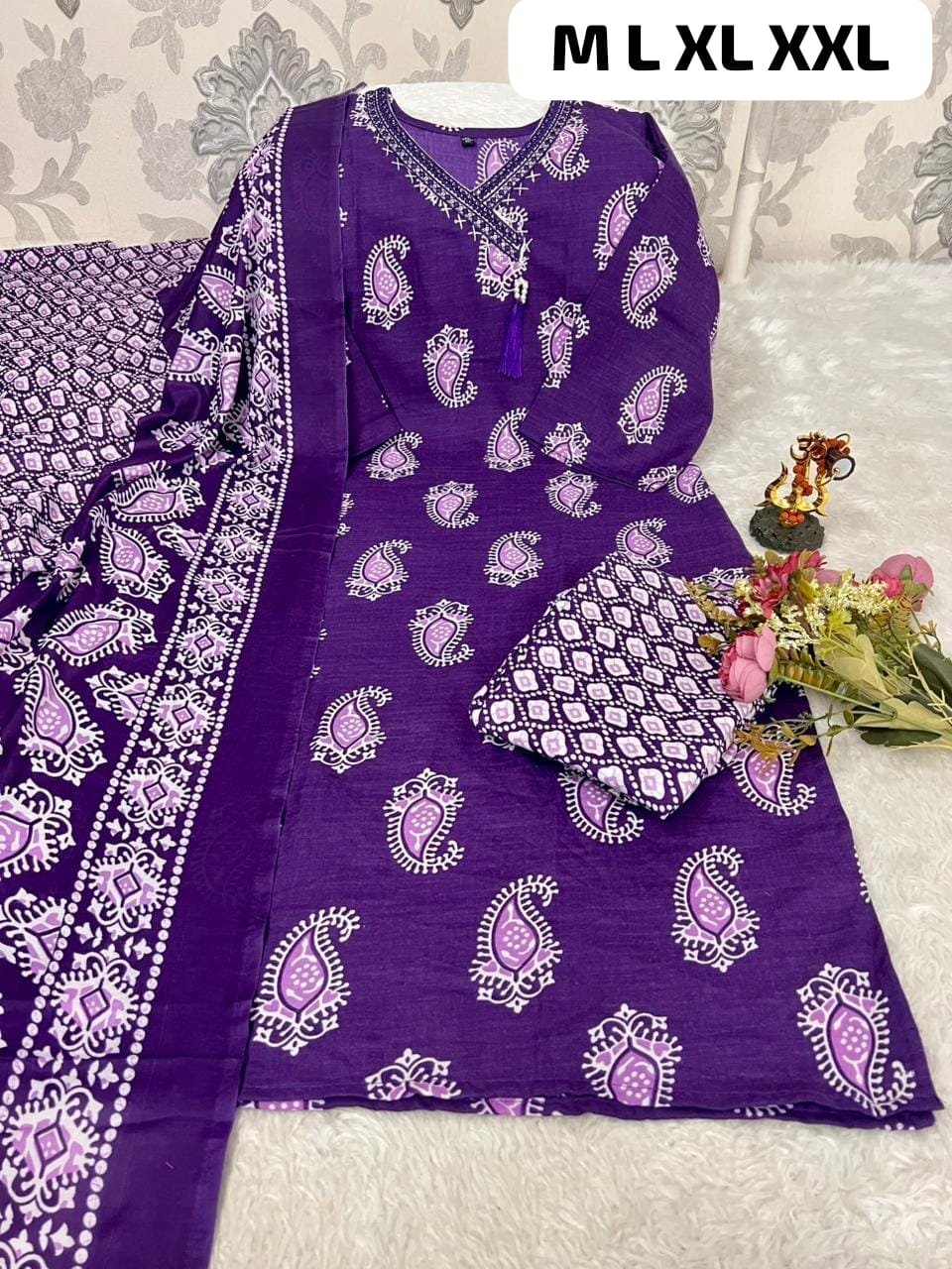 stitched Best V NECK Pattern Cotton 3pcs set Cotton kurti pant printed duppata set with work patti on neck - Image 10