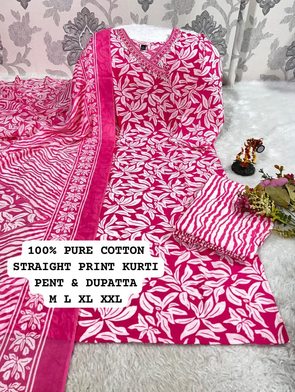 stitched Best V NECK Pattern Cotton 3pcs set Cotton kurti pant printed duppata set with work patti on neck - Image 5