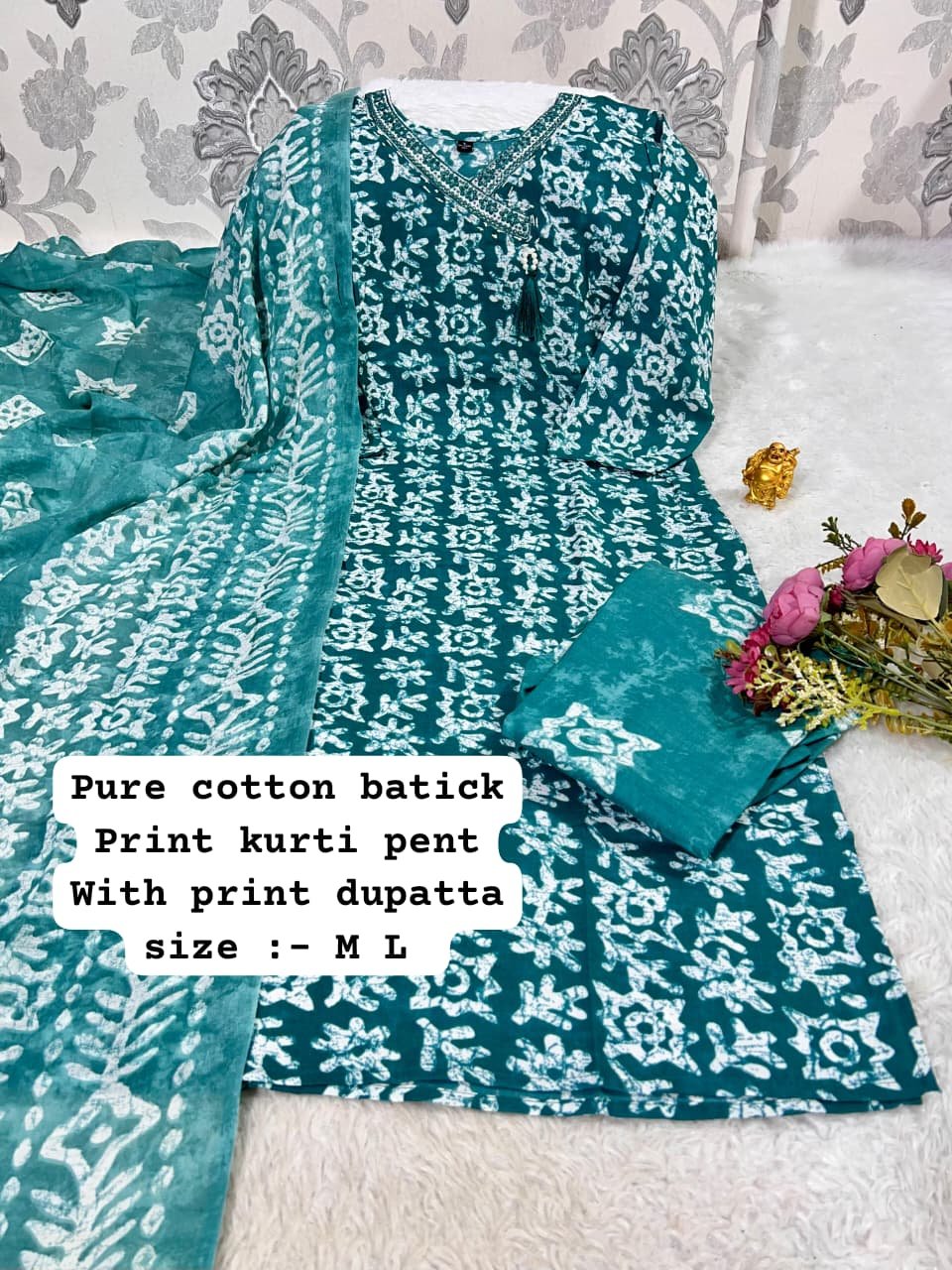 stitched Best V NECK Pattern Cotton 3pcs set Cotton kurti pant printed duppata set with work patti on neck - Image 9