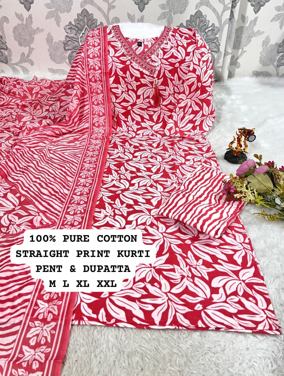 stitched Best V NECK Pattern Cotton 3pcs set Cotton kurti pant printed duppata set with work patti on neck - Image 11