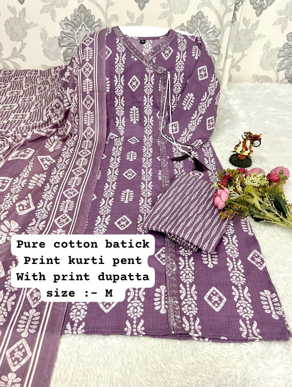 stitched Best V NECK Pattern Cotton 3pcs set Cotton kurti pant printed duppata set with work patti on neck - Image 14