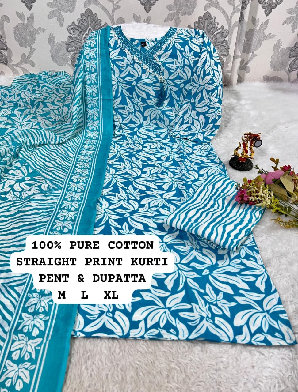 stitched Best V NECK Pattern Cotton 3pcs set Cotton kurti pant printed duppata set with work patti on neck - Image 12