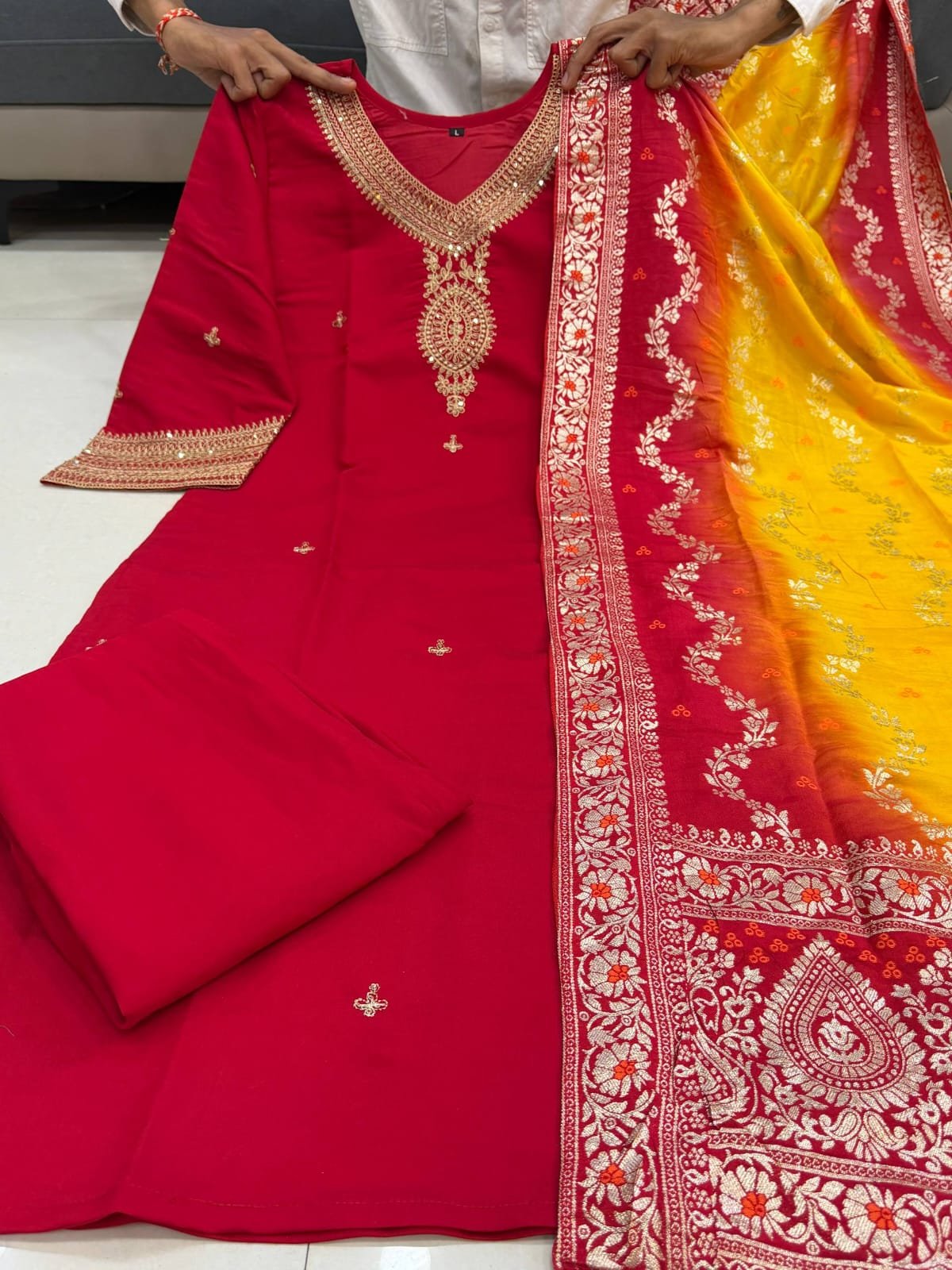 stitched The pure berry berry silk kurta is adorned with intricate machine embroidery coding across the sleeves and neckline, lending a touch of regal finesse. It is paired with bery bery pants for effortless comfort and a flowing silhouette. Completing the ensemble is a statement pure zari stripe KANJIVARAM Silk dupatta, beautifully dyed to perfection, adding grandeur and festive charm - Image 2