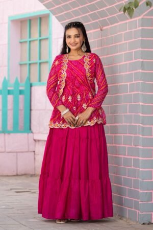 stitched AK Creation is new Launching  Holi special Bandhej Lehenga crop top & jecket