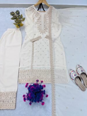 Alternative view of stitched AK COLLECTION PRESENCE NEW PRODUCT (REAL MODELLING)  D.NO :- AK-7094  FESTIVAL SPECIAL DESIGNER HEAVY EMBROIDERY SEQUENCE WORK TOP PENT WITH DUPATTA SET