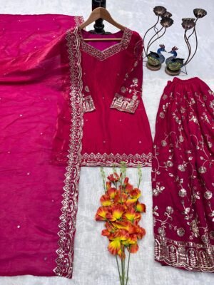 Alternative view of stitched AK LUNCHING NEW ĐĚSIGNER PARTY WEAR TOP ANDPLAZZO. WITH FANCY DUPPATA WITH  EMBROIDERY WORK