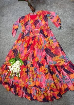 Alternative view of stitched (AK-G40)      RED COLOR ANARKALI SUIT SET  RED  colour Attractive Party Wear chiffon with printed Gown has a Regular-fit and is Made From High-Grade Fabrics And Yarn.