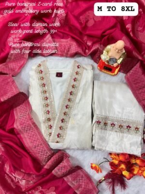 Alternative view of stitched Look straight out of a dreamy movie set as you turn around and walk in this elegant SImmer jaquard silk (attached fully silk inner) hand premium work suit.. the perfect blend of traditional wear and chic design.