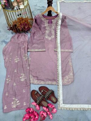 Alternative view of stitched Launching New  Đěsigner Party Wear Look Pur Glass Satin Top & Farshi Palazzo With Dupatta set