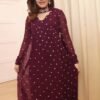stitched Stay Effortlessly Beautiful In Our  Emb Anarkali A Perfectly Enhanced With Wine & Golden Thread Sequence Work All Over The Gown The Outfit Comes Paired With A  Dupatta With CutWork broach