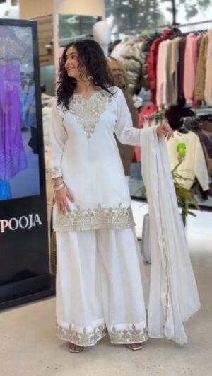 stitched  THIS WEDDING SEASON WEAR COMFORTABLE SUIT WITH SEQUENCE EMBROIDERED TOP, PLAZZO AND DUPATTA