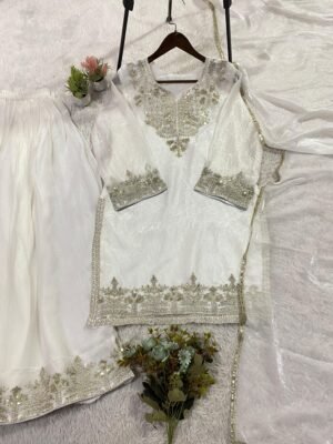 Alternative view of stitched  THIS WEDDING SEASON WEAR COMFORTABLE SUIT WITH SEQUENCE EMBROIDERED TOP, PLAZZO AND DUPATTA