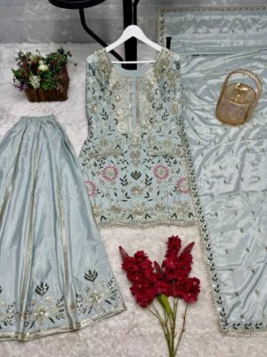 Alternative view of stitched PRESERNTING NEW READY TO WEAR DESIGN HEAVY EMBROIDERY AND SEQUENCE WORK TOP - PLAZZO WITH  DUPATTA