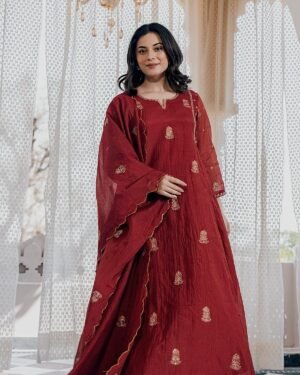 stitched A-line Anarkali flared Premium Chinnon with Full Cotton lining kurti set With Full Embroidery, Designed to make you stand out at any festive or Celebratory Occasion. Crafted from luxurious silk, the A line Anarkali kurti features a graceful flare that flows beautifully.