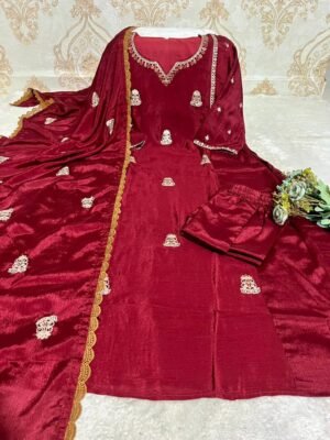 Alternative view of stitched A-line Anarkali flared Premium Chinnon with Full Cotton lining kurti set With Full Embroidery, Designed to make you stand out at any festive or Celebratory Occasion. Crafted from luxurious silk, the A line Anarkali kurti features a graceful flare that flows beautifully.