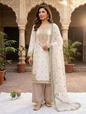 stitched   MAHIRA KHAN INSPIRED SEQUENCE EMBROIDERY WORKED TOP, PLAZZO AND DUPATTA