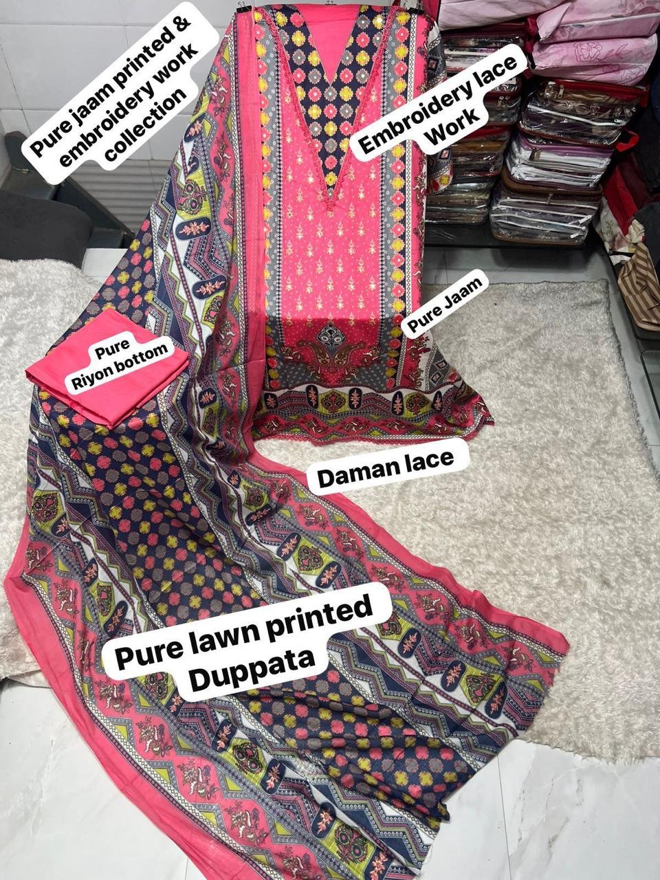semi stitched pure jam cotton with beautiful karachi print with work /lace border