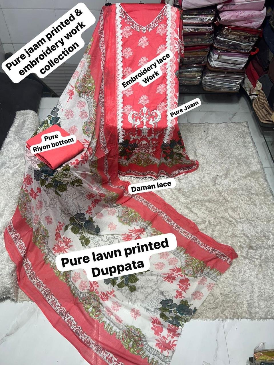 semi stitched pure jam cotton with beautiful karachi print with work /lace border - Image 9