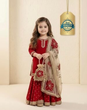 stitched kids Trending Launching New Đěsigner Party Wear Look Heavy Fendi Silk Top Sharara & Dupatta Set