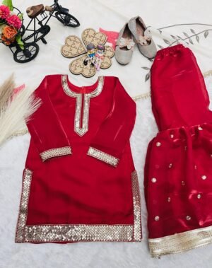 Alternative view of stitched kids Trending Launching New Đěsigner Party Wear Look Heavy Fendi Silk Top Sharara & Dupatta Set
