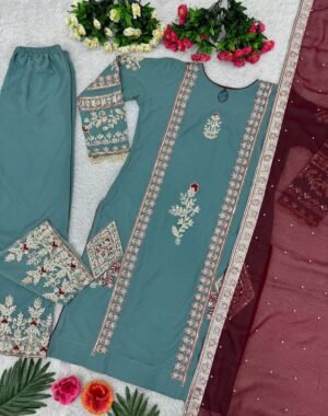 Alternative view of stitched NEW DESIGNER WEAR HEAVY CHINE SEQUENCE WITH HEAVY HAND WORK PAKISTANI SUIT SET