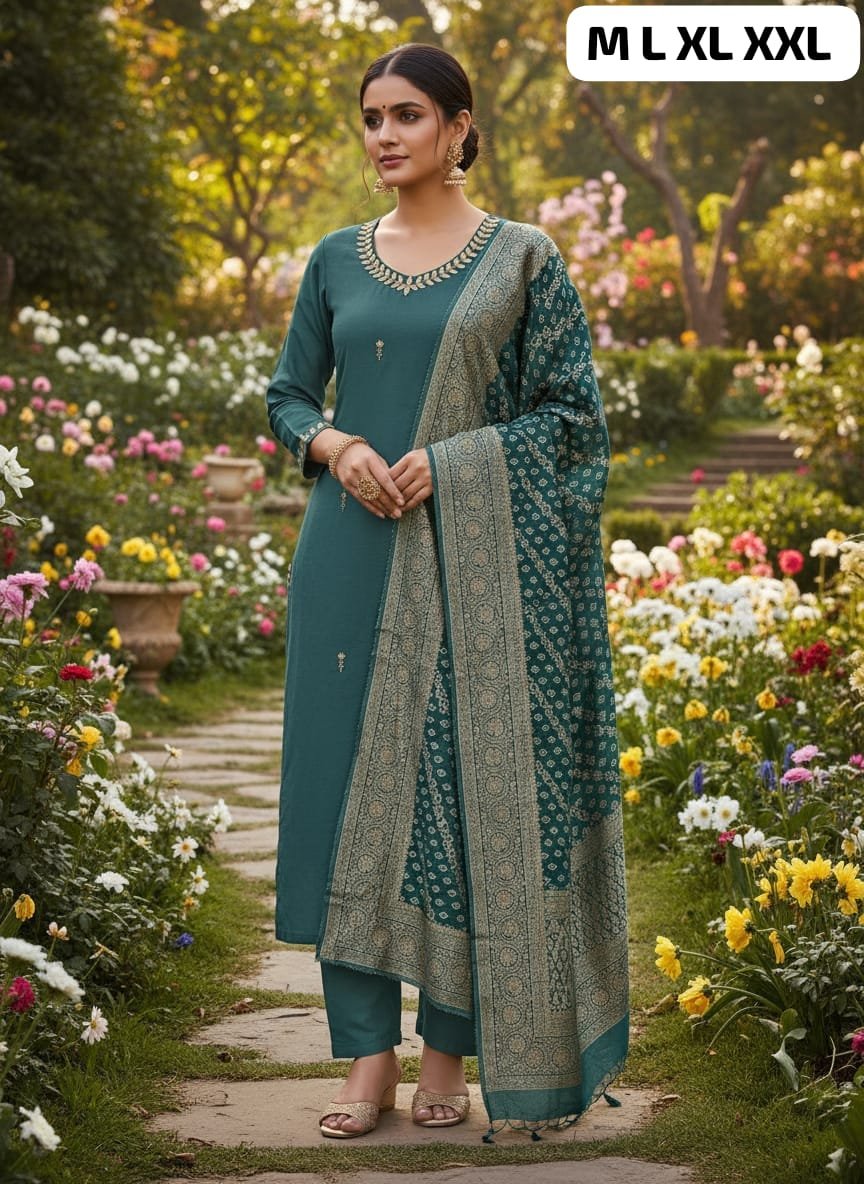 stitched Premium Roman SilK Round Neck Kurti With Pant and z-card Duppata With four side traditional LatkaN - Image 3
