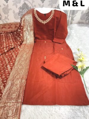Alternative view of stitched Premium Roman SilK Round Neck Kurti With Pant and z-card Duppata With four side traditional LatkaN