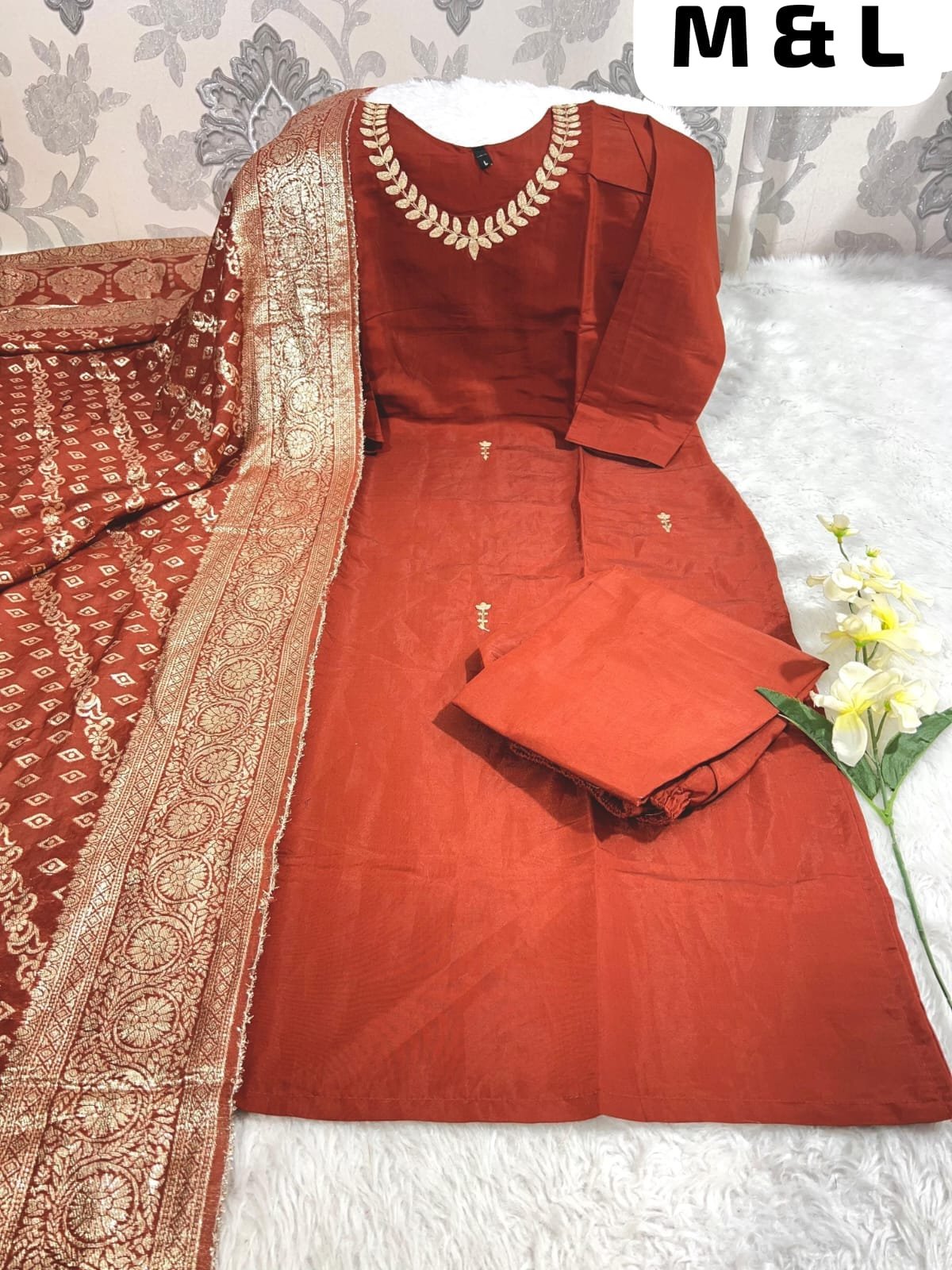 stitched Premium Roman SilK Round Neck Kurti With Pant and z-card Duppata With four side traditional LatkaN - Image 2