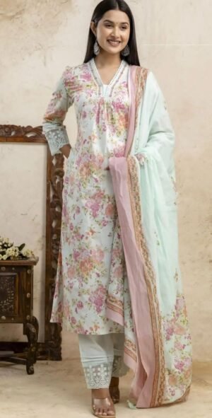 stitched Beautiful Embroidery Work Anarkali kurta pant dupatta set in new summer colour with detailed hand sequencing work