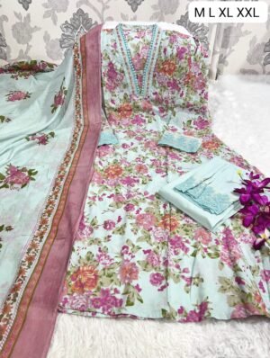 Alternative view of stitched Beautiful Embroidery Work Anarkali kurta pant dupatta set in new summer colour with detailed hand sequencing work