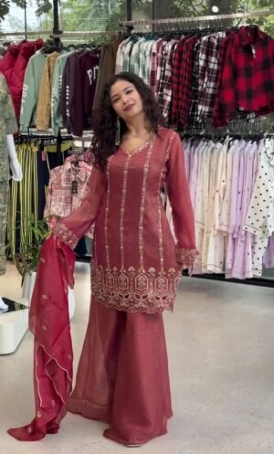 stitched PERFECT FOR PARTY AND WEDDING OUR DESIGNER WEAR BEADS AND SEQUENCE EMBROIDERED TOP PLAZZO AND DUPATTA