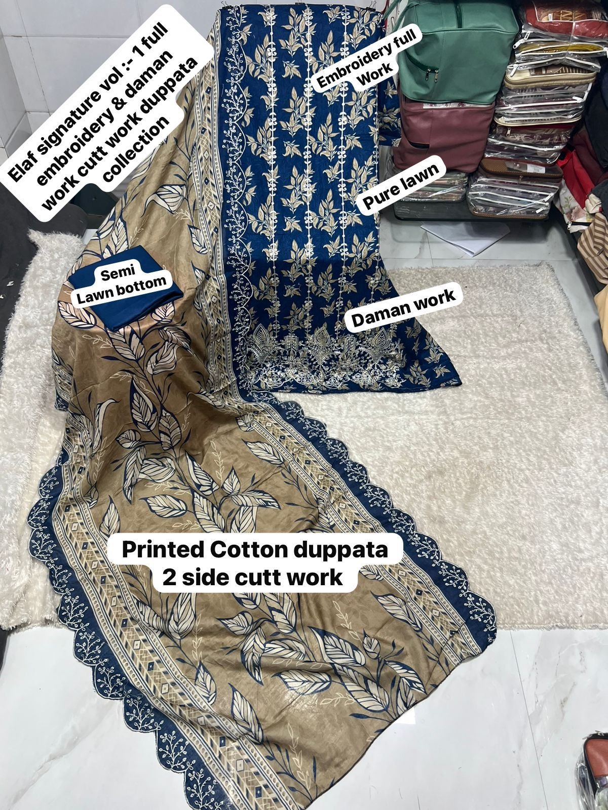 semi stitched ELAF SIGNATURE CATALOGUE TOP EMBROIDERY FULLY WORK+ DAMAN WORRK DESIGN DUPPTA cutwork Work Collection 2026