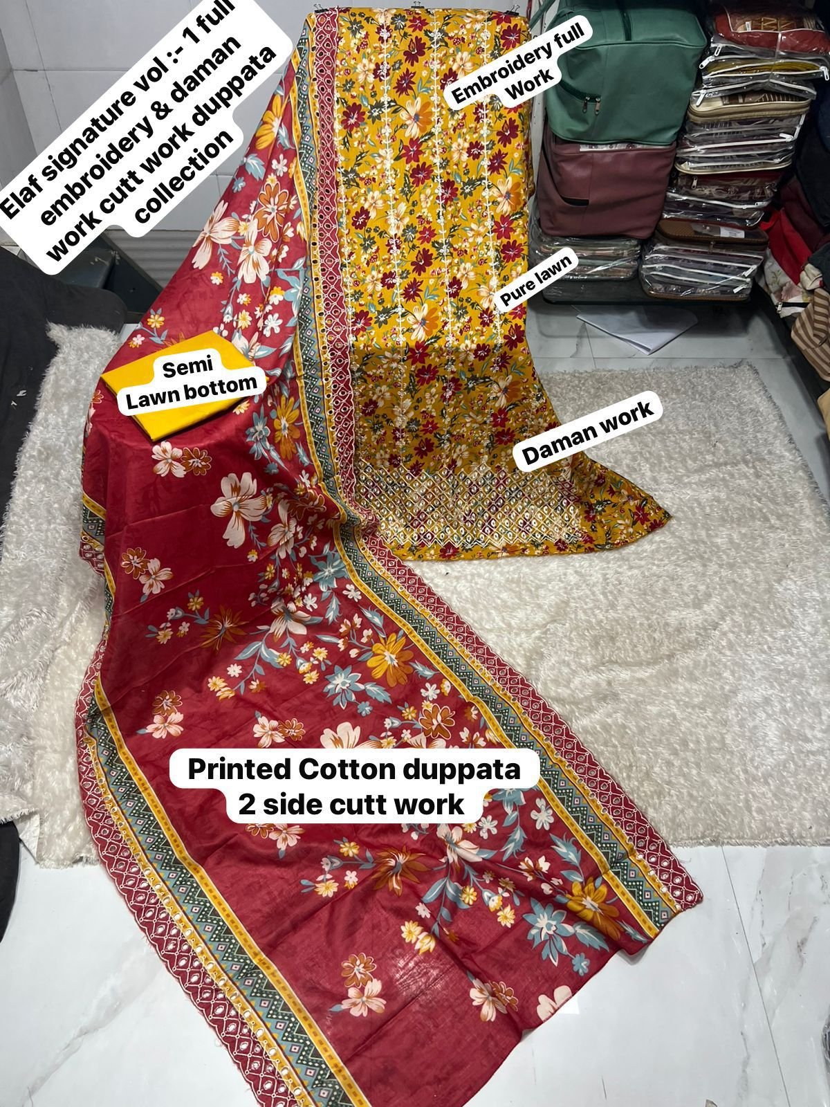 semi stitched ELAF SIGNATURE CATALOGUE TOP EMBROIDERY FULLY WORK+ DAMAN WORRK DESIGN DUPPTA cutwork Work Collection 2026 - Image 3