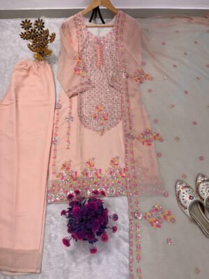 Alternative view of stitched AK COLLECTION PRESENCE NEW PRODUCT  D.NO :-AK-7106  FESTIVAL SPECIAL DESIGNER HEAVY EMBROIDERY SEQUENCE WORK TOP PENT WITH DUPATTA SET