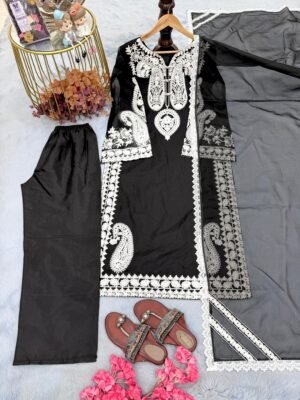 Alternative view of stitched Launching New Đěsigner Party Wear Look Pur Soft Nylon Organza Silk Top Plazzo & Dupatta Set