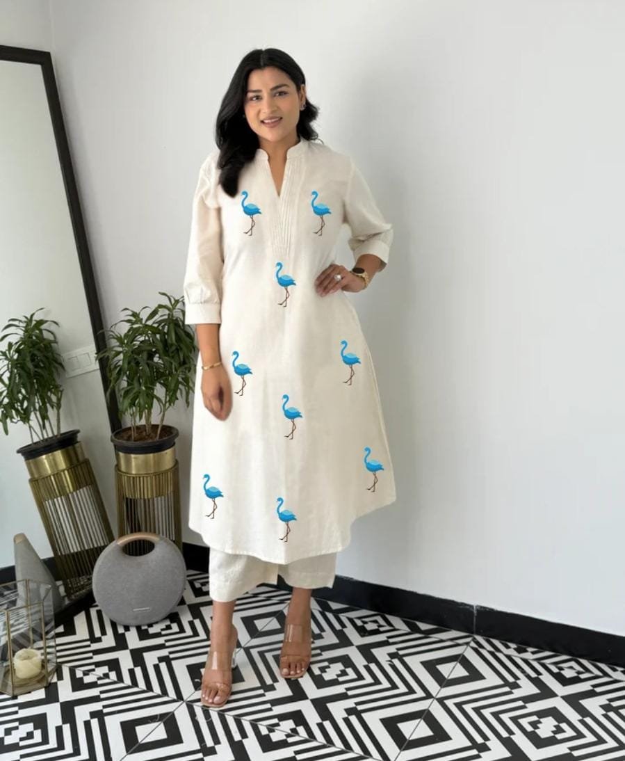 stitched Featuring Beautiful Suit Sets in PURE KHADI COTTON ALINE KURT With PLAZZO, it is beautifully decorated with Multi thread work desgins