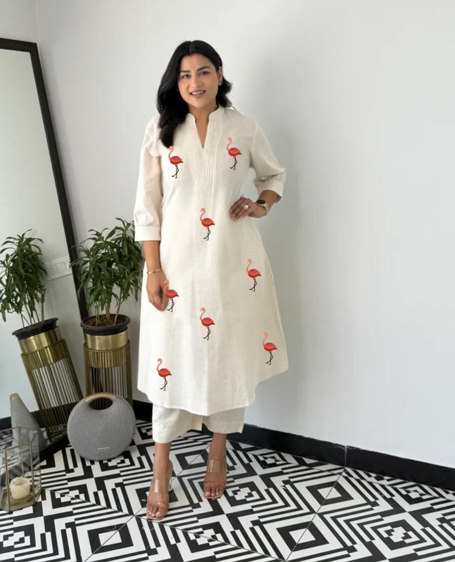 stitched Featuring Beautiful Suit Sets in PURE KHADI COTTON ALINE KURT With PLAZZO, it is beautifully decorated with Multi thread work desgins - Image 9