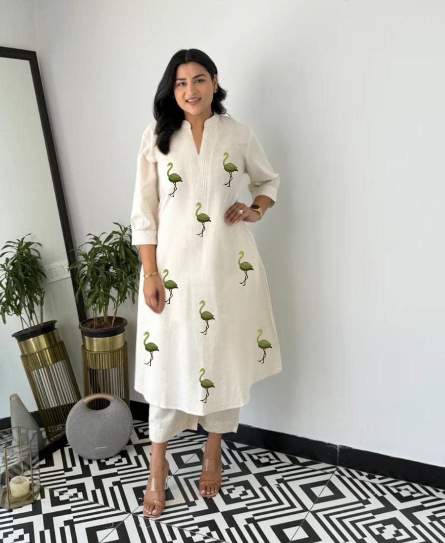 stitched Featuring Beautiful Suit Sets in PURE KHADI COTTON ALINE KURT With PLAZZO, it is beautifully decorated with Multi thread work desgins - Image 11