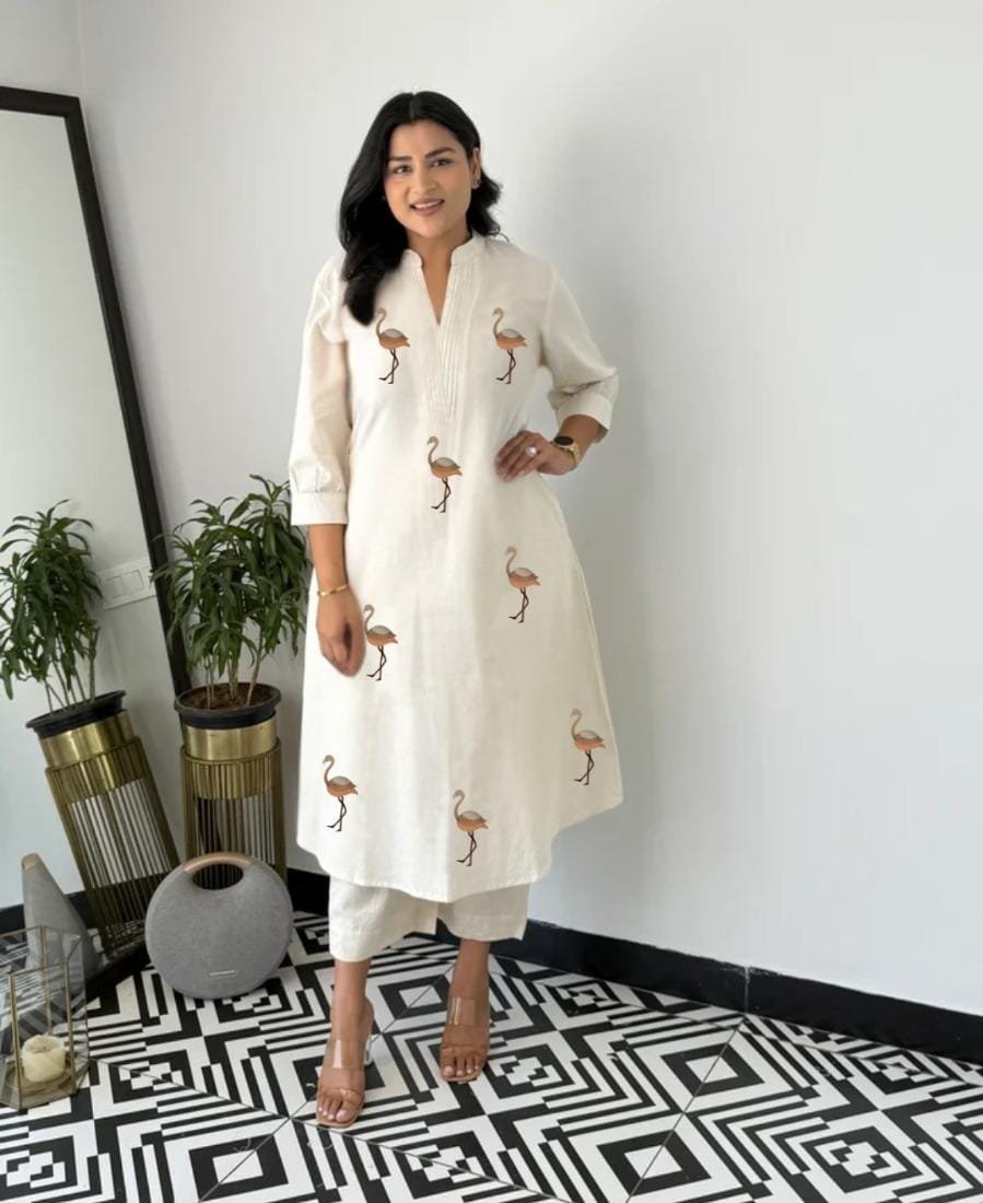 stitched Featuring Beautiful Suit Sets in PURE KHADI COTTON ALINE KURT With PLAZZO, it is beautifully decorated with Multi thread work desgins - Image 7
