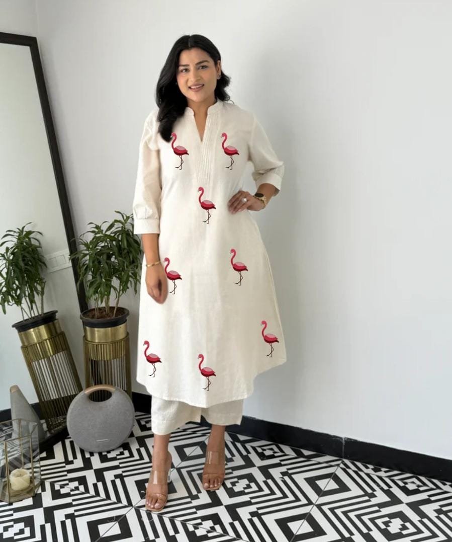 stitched Featuring Beautiful Suit Sets in PURE KHADI COTTON ALINE KURT With PLAZZO, it is beautifully decorated with Multi thread work desgins - Image 5