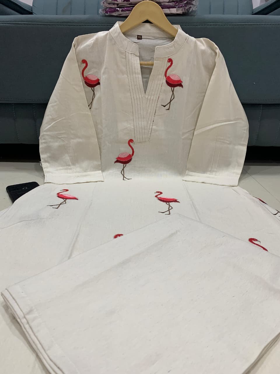 stitched Featuring Beautiful Suit Sets in PURE KHADI COTTON ALINE KURT With PLAZZO, it is beautifully decorated with Multi thread work desgins - Image 8