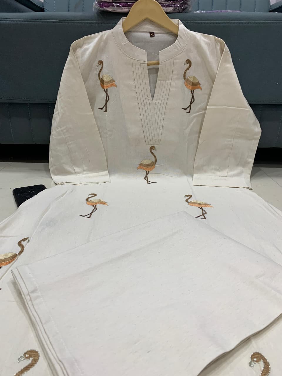 stitched Featuring Beautiful Suit Sets in PURE KHADI COTTON ALINE KURT With PLAZZO, it is beautifully decorated with Multi thread work desgins - Image 4