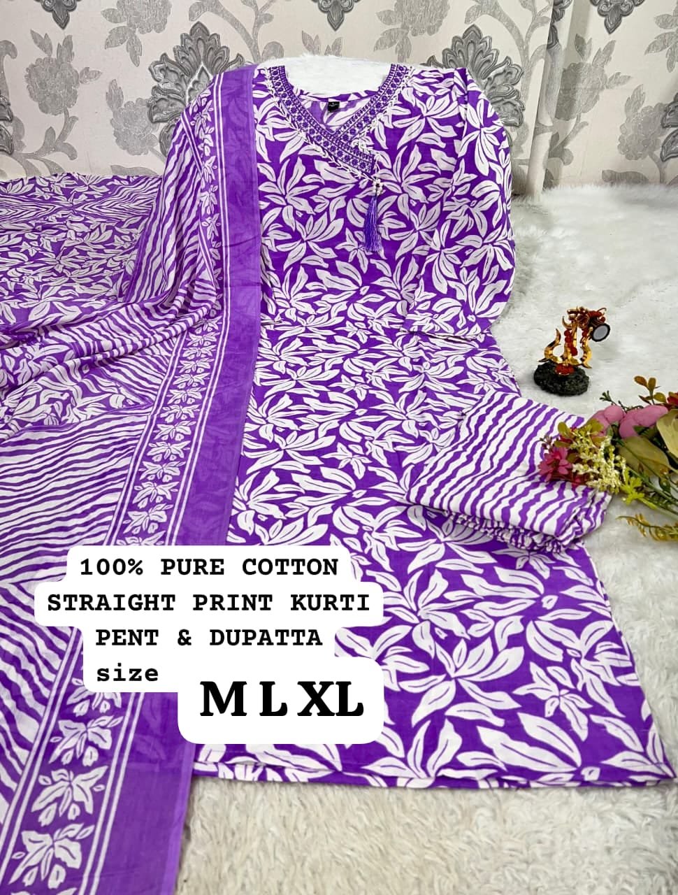 stitched Best V NECK Pattern Cotton 3pcs set Cotton kurti pant printed duppata set with work patti on neck