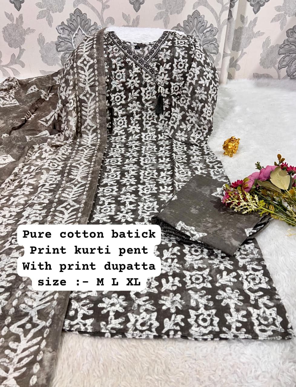 stitched Best V NECK Pattern Cotton 3pcs set Cotton kurti pant printed duppata set with work patti on neck - Image 3