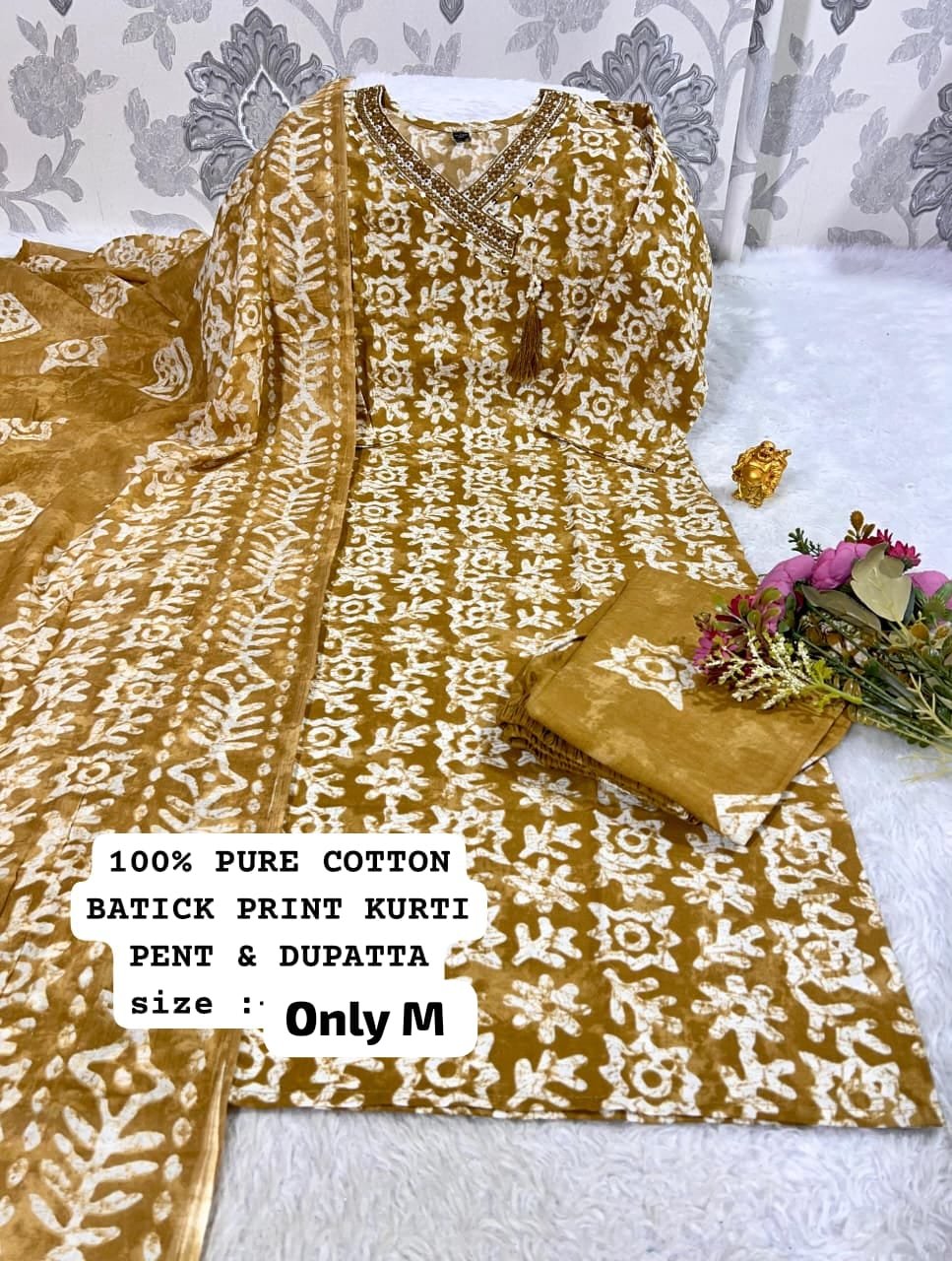 stitched Best V NECK Pattern Cotton 3pcs set Cotton kurti pant printed duppata set with work patti on neck - Image 4