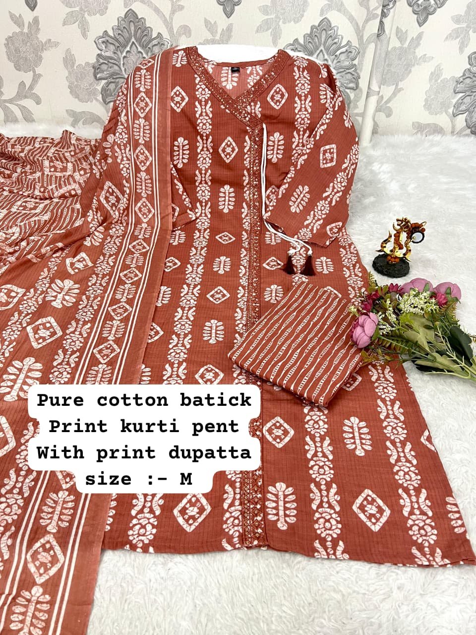 stitched Best V NECK Pattern Cotton 3pcs set Cotton kurti pant printed duppata set with work patti on neck - Image 7
